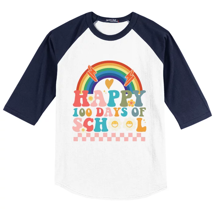 Retro Groovy Happy 100 Days Of School Teachers Baseball Sleeve Shirt