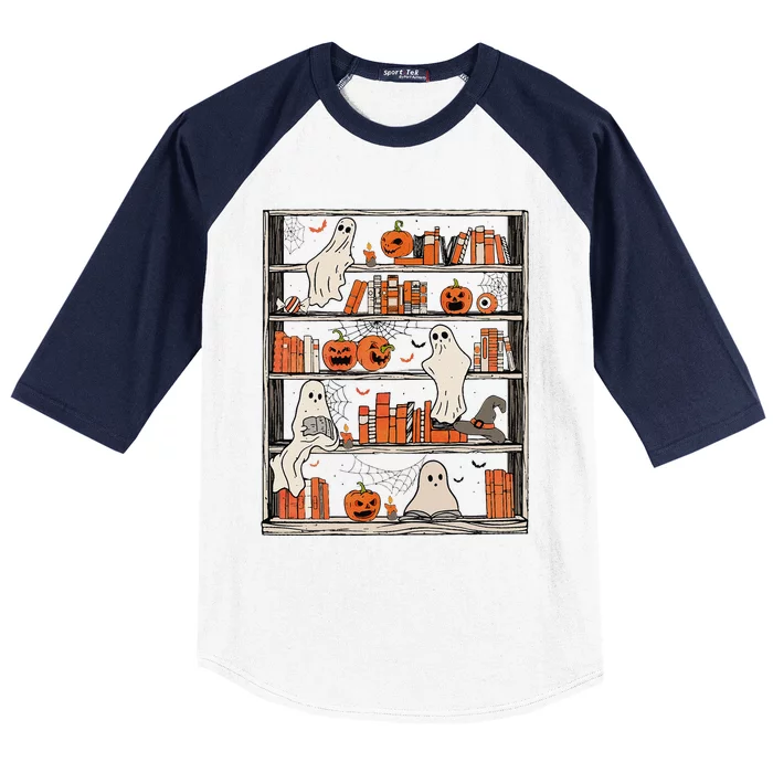 Reading Ghost Halloween Ghost Book Shelf Baseball Sleeve Shirt