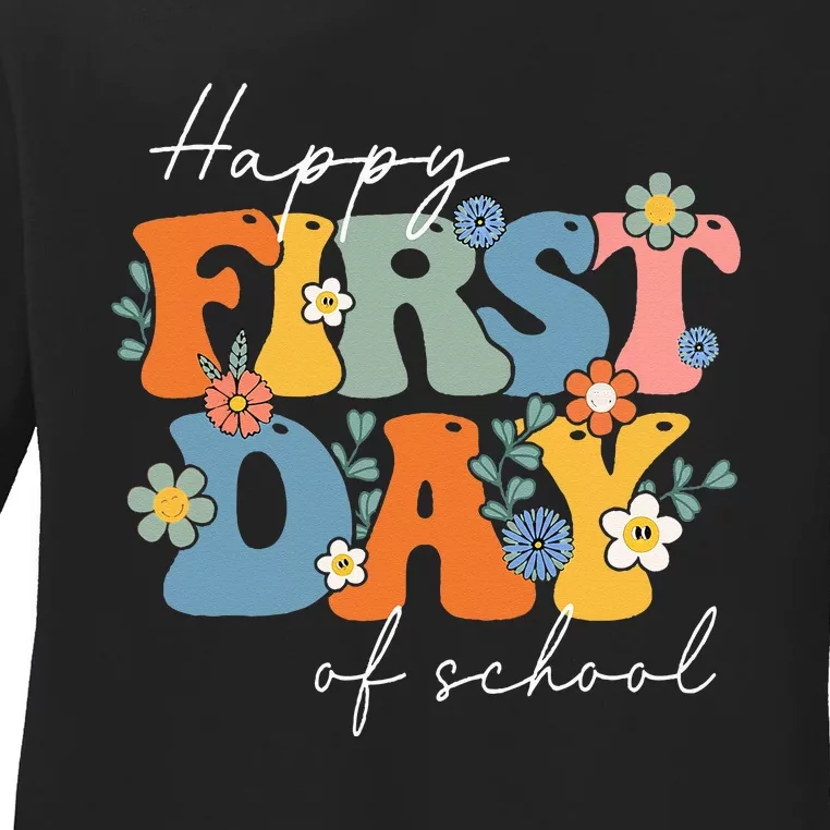 Retro Groovy Happy First Day Of School For Teacher & Student Ladies Long Sleeve Shirt