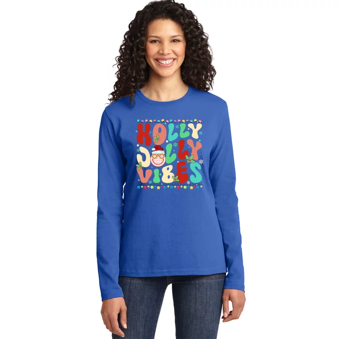 Retro Groovy Holly Xmas Jolly Vibes Christmas For Great Gift Ladies Long Sleeve Shirt