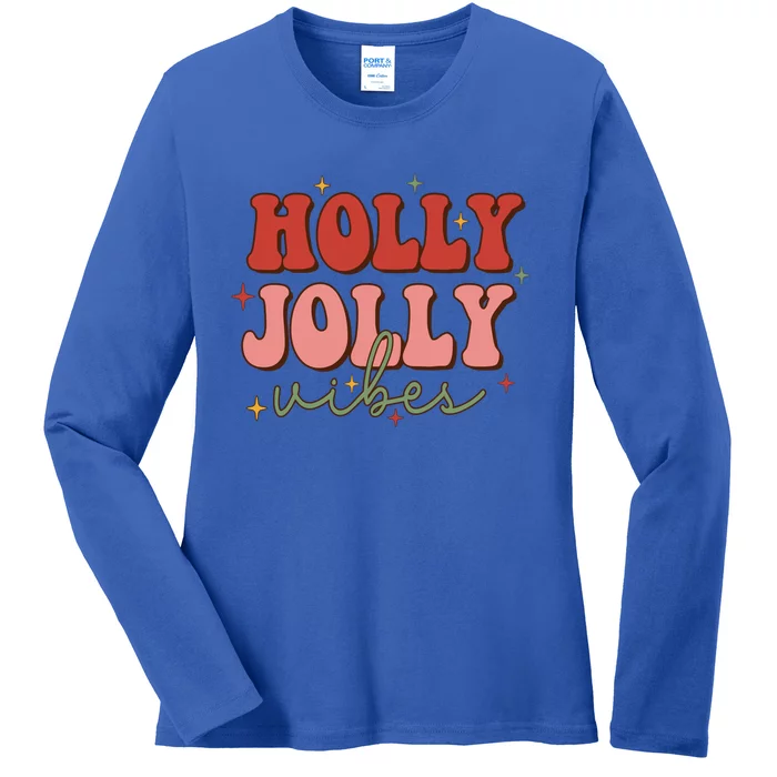 Retro Groovy Holly Xmas Jolly Vibes Merry Christmas Holiday Cute Gift Ladies Long Sleeve Shirt