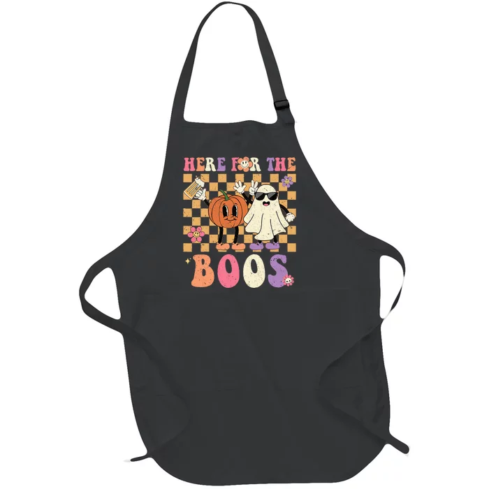 Retro Groovy Here For The Boos Funny Punpkin Ghost Halloween Full-Length Apron With Pocket