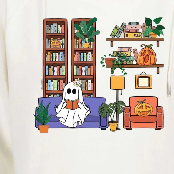 Reading Ghost Halloween Book Lover Ghoul Pumpkin Womens Funnel Neck Pullover Hood