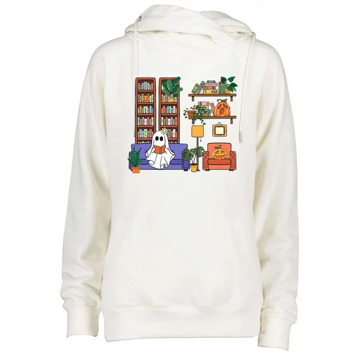 Reading Ghost Halloween Book Lover Ghoul Pumpkin Womens Funnel Neck Pullover Hood