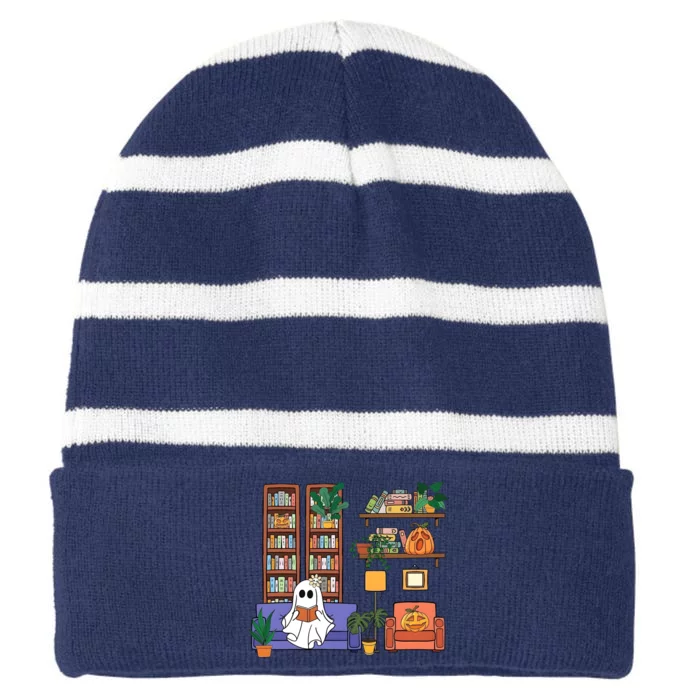 Reading Ghost Halloween Book Lover Ghoul Pumpkin Striped Beanie with Solid Band