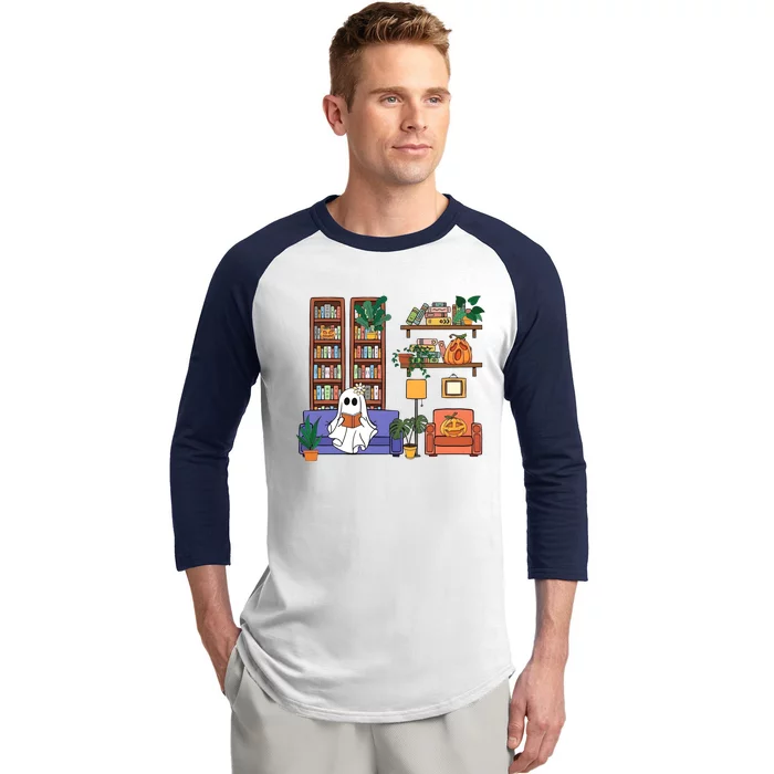 Reading Ghost Halloween Book Lover Ghoul Pumpkin Baseball Sleeve Shirt