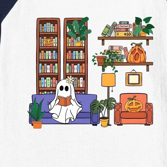 Reading Ghost Halloween Book Lover Ghoul Pumpkin Baseball Sleeve Shirt