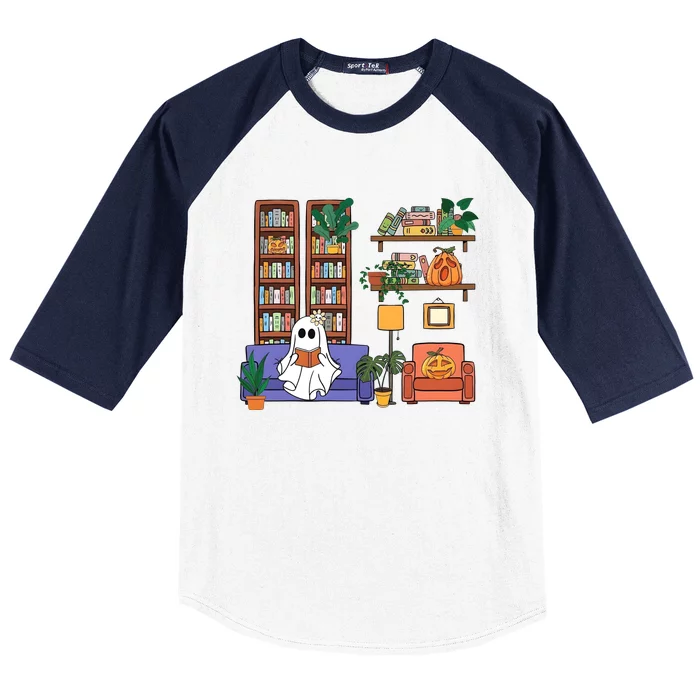 Reading Ghost Halloween Book Lover Ghoul Pumpkin Baseball Sleeve Shirt