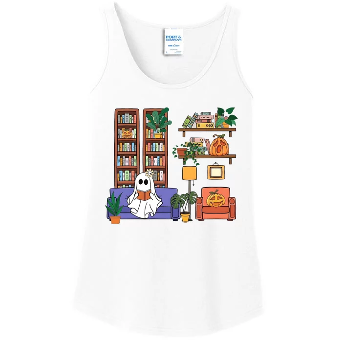 Reading Ghost Halloween Book Lover Ghoul Pumpkin Ladies Essential Tank