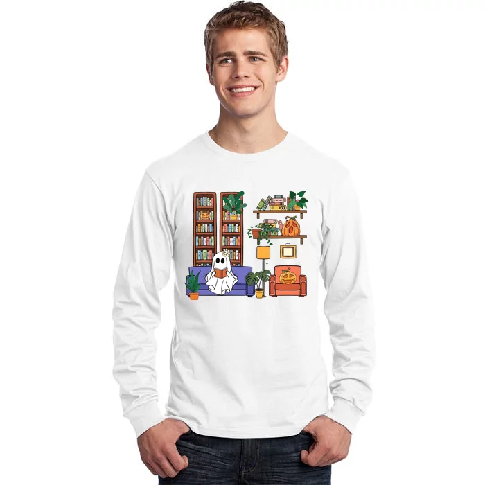 Reading Ghost Halloween Book Lover Ghoul Pumpkin Tall Long Sleeve T-Shirt