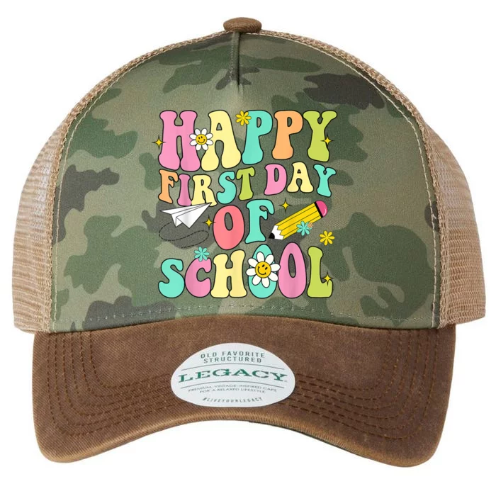 Retro Groovy Happy First Day Of School Teachers Students Kids Legacy Tie Dye Trucker Hat