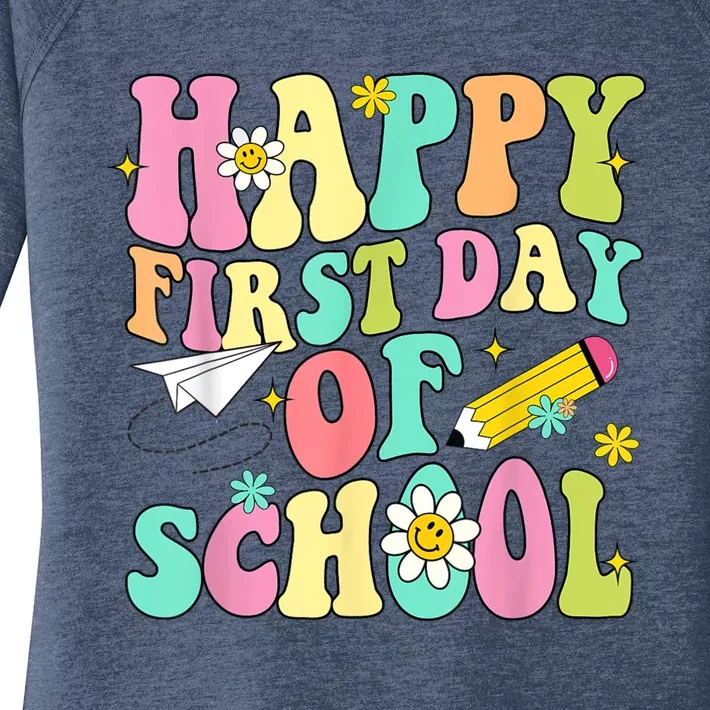 Retro Groovy Happy First Day Of School Teachers Students Kids Women's Perfect Tri Tunic Long Sleeve Shirt