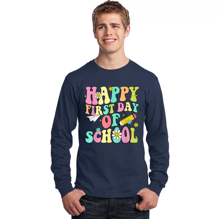 Retro Groovy Happy First Day Of School Teachers Students Kids Tall Long Sleeve T-Shirt