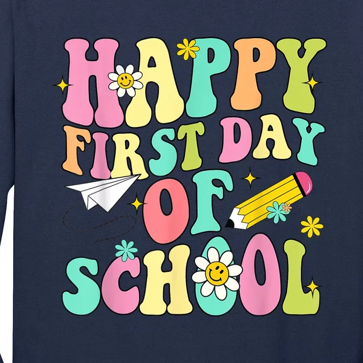 Retro Groovy Happy First Day Of School Teachers Students Kids Tall Long Sleeve T-Shirt