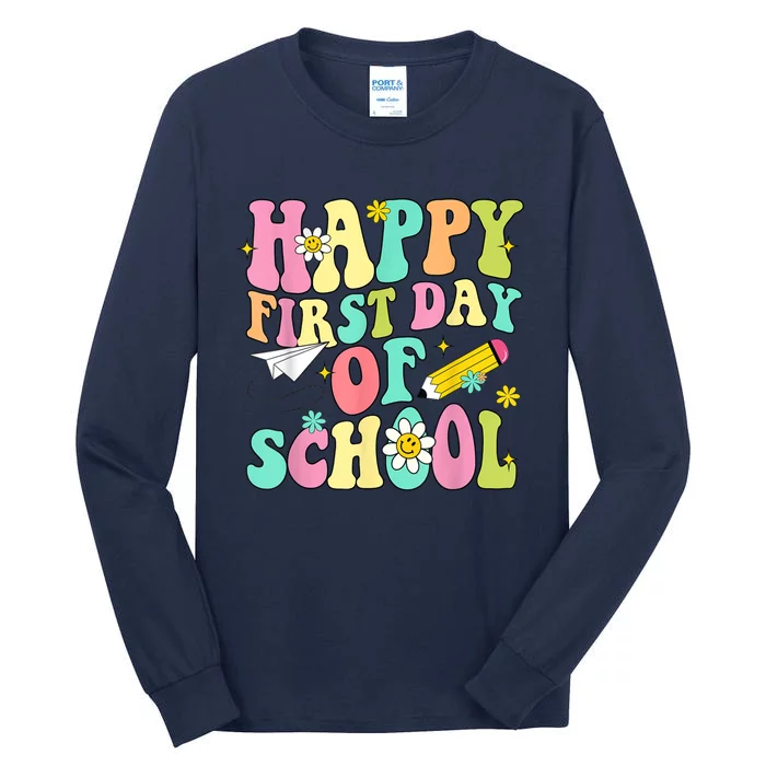 Retro Groovy Happy First Day Of School Teachers Students Kids Tall Long Sleeve T-Shirt