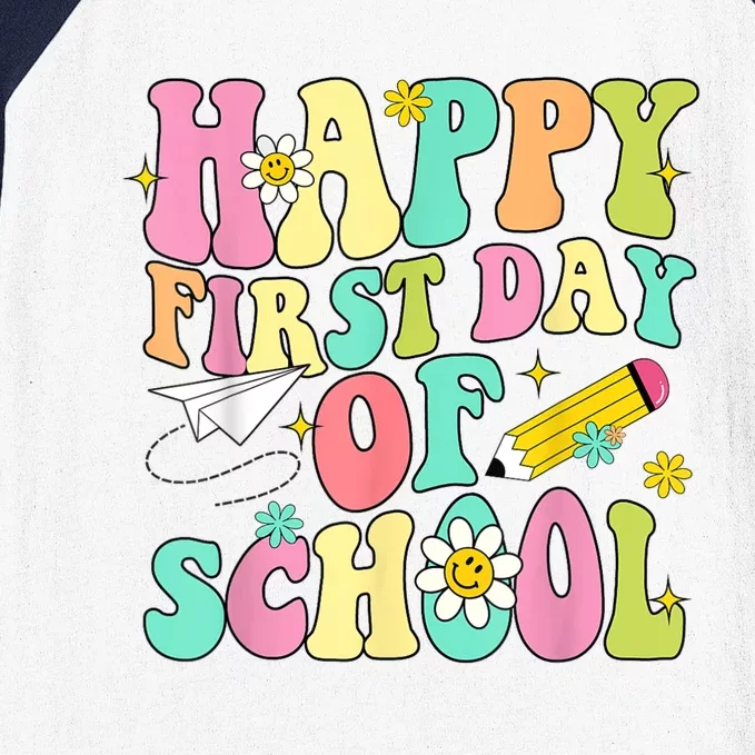 Retro Groovy Happy First Day Of School Teachers Students Kids Baseball Sleeve Shirt