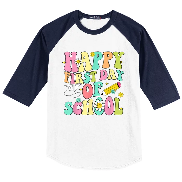 Retro Groovy Happy First Day Of School Teachers Students Kids Baseball Sleeve Shirt