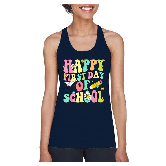 Retro Groovy Happy First Day Of School Teachers Students Kids Women's Racerback Tank