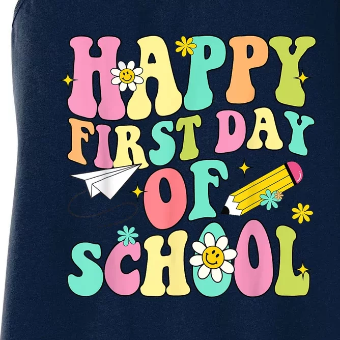 Retro Groovy Happy First Day Of School Teachers Students Kids Women's Racerback Tank