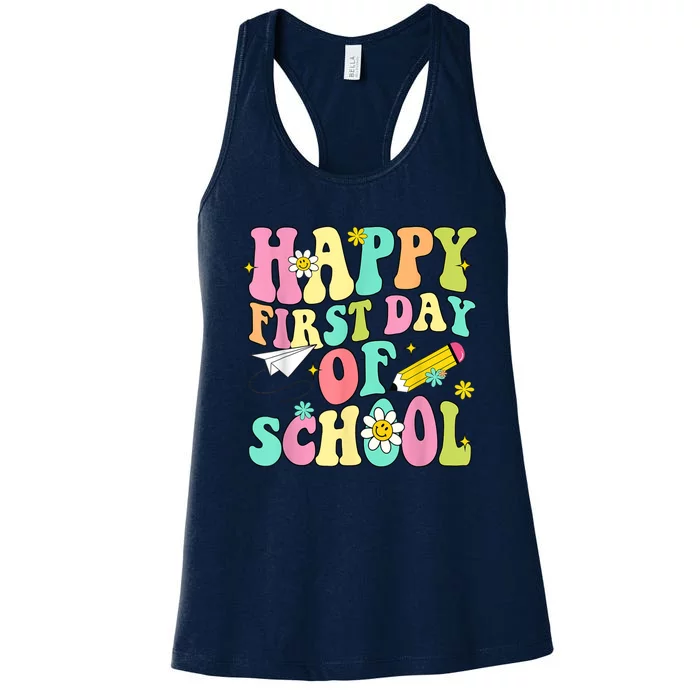 Retro Groovy Happy First Day Of School Teachers Students Kids Women's Racerback Tank