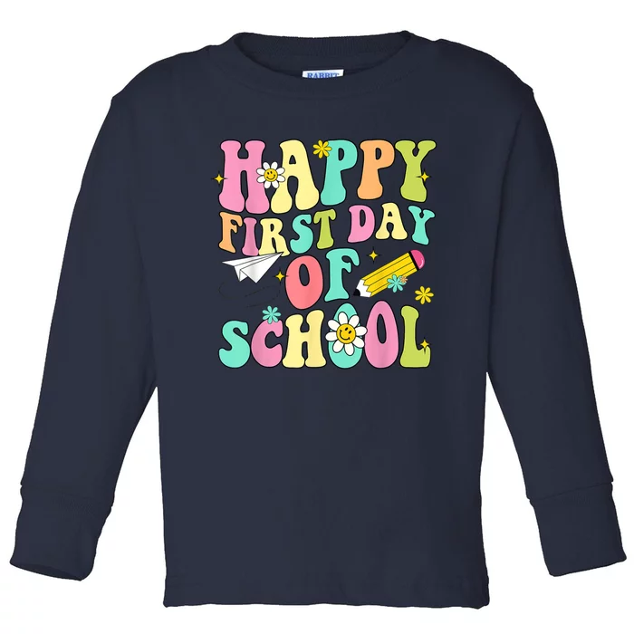 Retro Groovy Happy First Day Of School Teachers Students Kids Toddler Long Sleeve Shirt