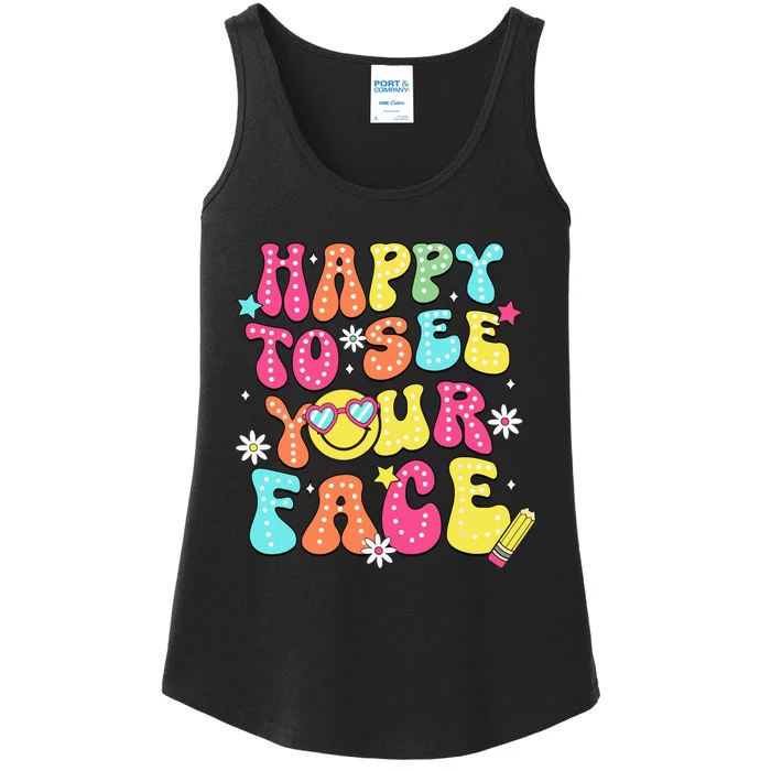 Retro Groovy Happy To See Your Face Back To School Teacher Ladies Essential Tank