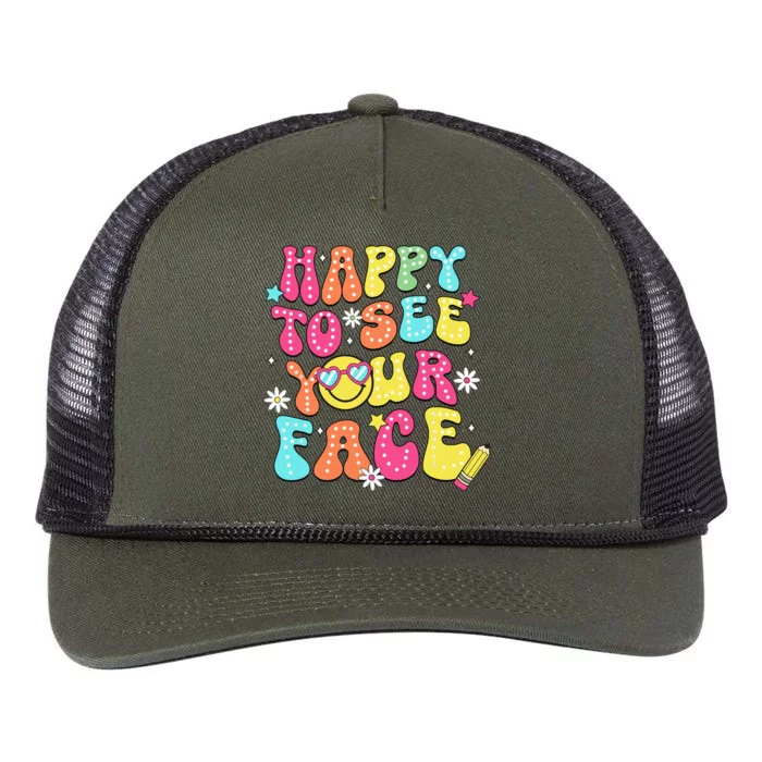 Retro Groovy Happy To See Your Face Back To School Teacher Retro Rope Trucker Hat Cap