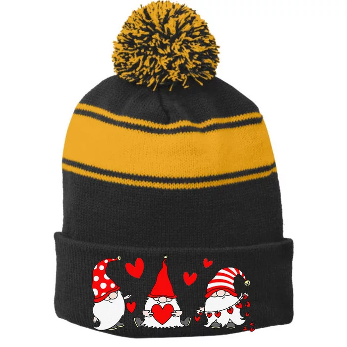 Red Gnomes Hearts Happy Valentines Day Funny Gnome Lover Stripe Pom Pom Beanie