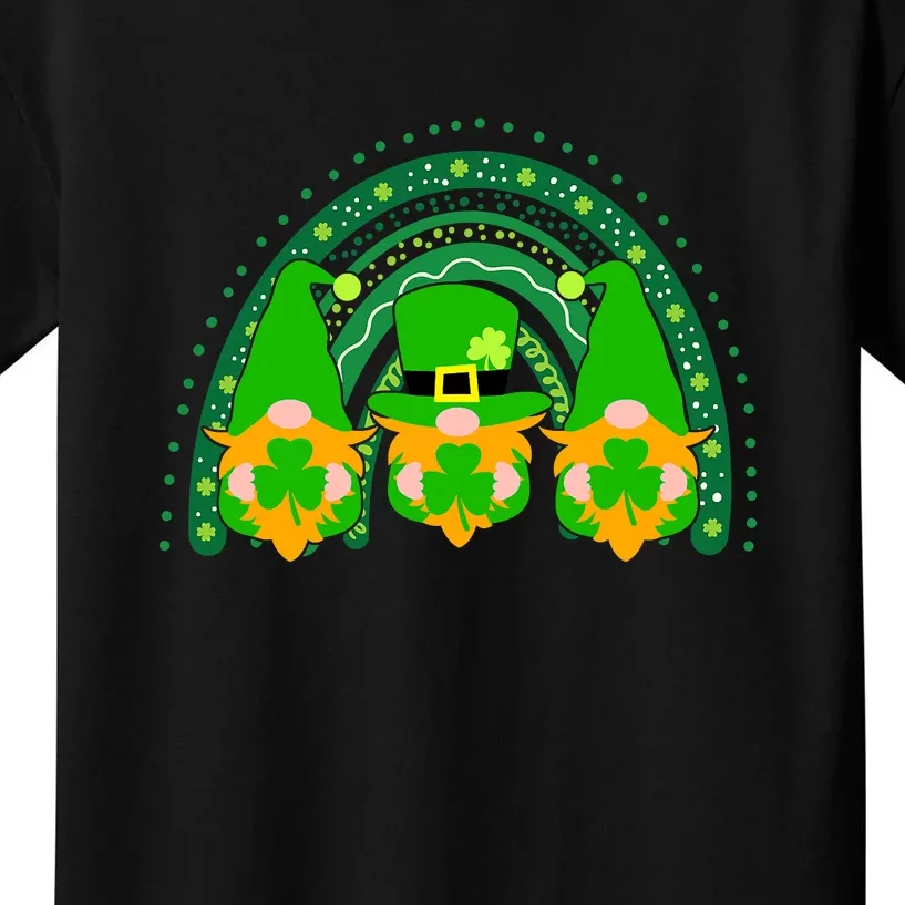 Rainbow Gnome Hold Shamrock Leopard Plaid St Patricks Day Kids T-Shirt