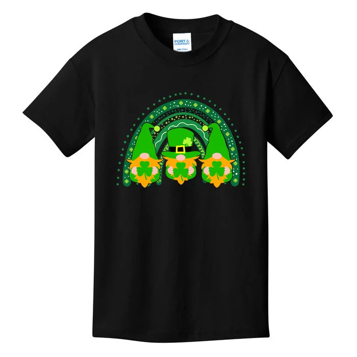 Rainbow Gnome Hold Shamrock Leopard Plaid St Patricks Day Kids T-Shirt