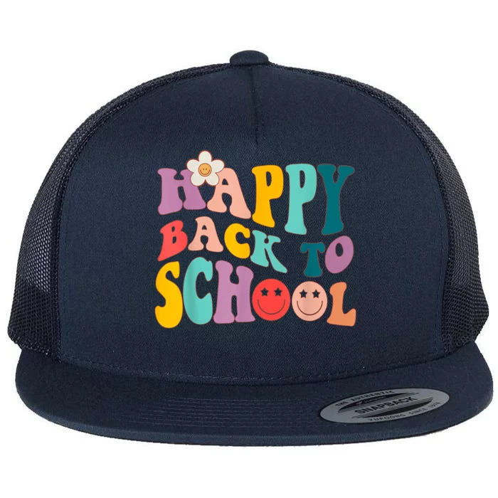 Retro Groovy Happy First Day Of School Back To School Gifts Flat Bill Trucker Hat