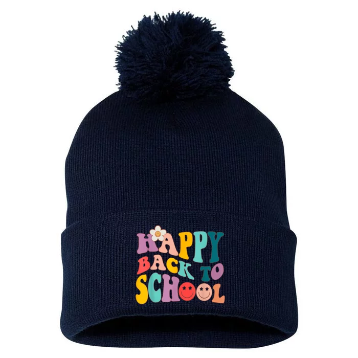 Retro Groovy Happy First Day Of School Back To School Gifts Pom Pom 12in Knit Beanie