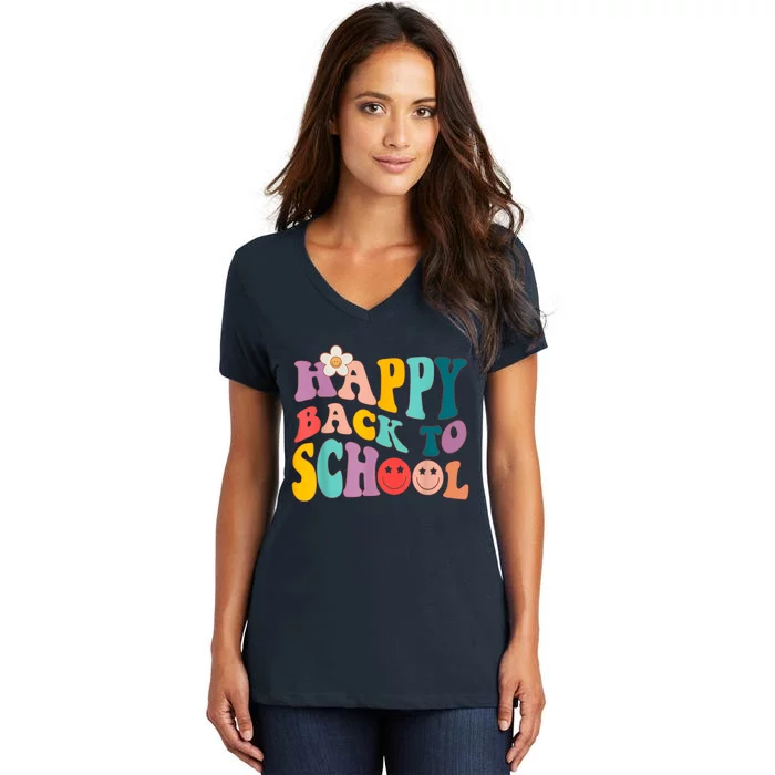 Retro Groovy Happy First Day Of School Back To School Gifts Women's V-Neck T-Shirt