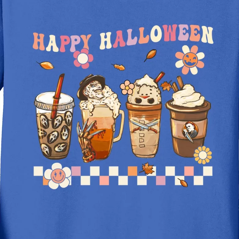 Retro Groovy Horror Fall Movie Coffee Hippie Halloween Witch Gift Kids Long Sleeve Shirt