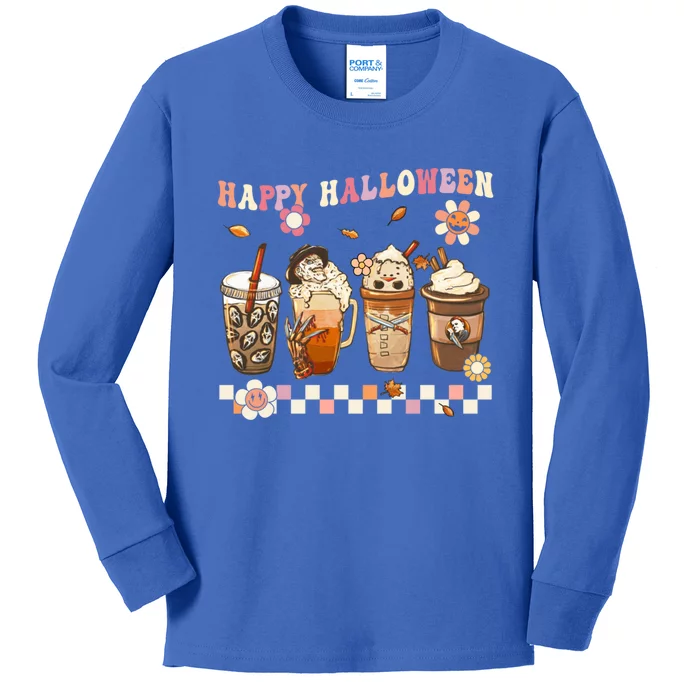 Retro Groovy Horror Fall Movie Coffee Hippie Halloween Witch Gift Kids Long Sleeve Shirt