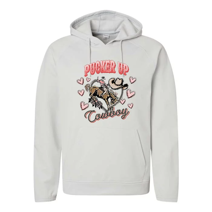 Retro Groovy Howdy Valentines Cowboy Hat Pucker Up! Performance Fleece Hoodie