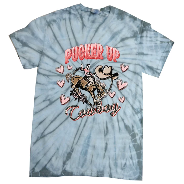 Retro Groovy Howdy Valentines Cowboy Hat Pucker Up! Tie-Dye T-Shirt