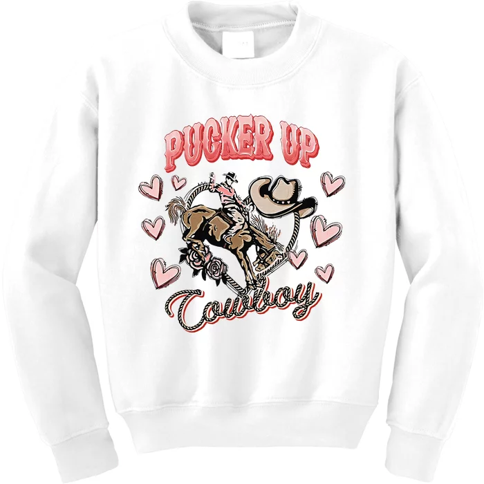 Retro Groovy Howdy Valentines Cowboy Hat Pucker Up! Kids Sweatshirt