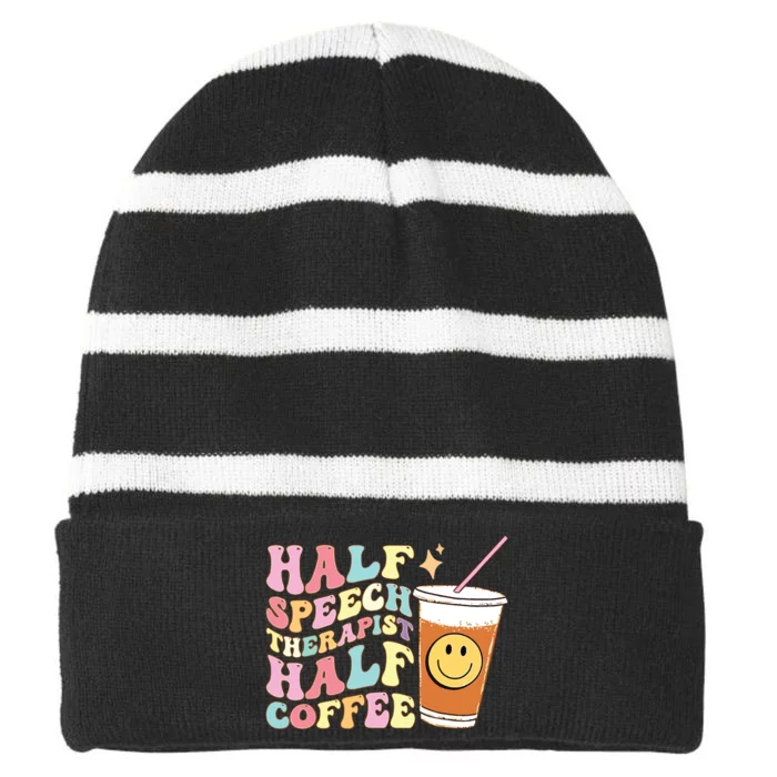 Retro Groovy Half Speech Therapist Half Coffee SLP Therapy Striped Beanie with Solid Band