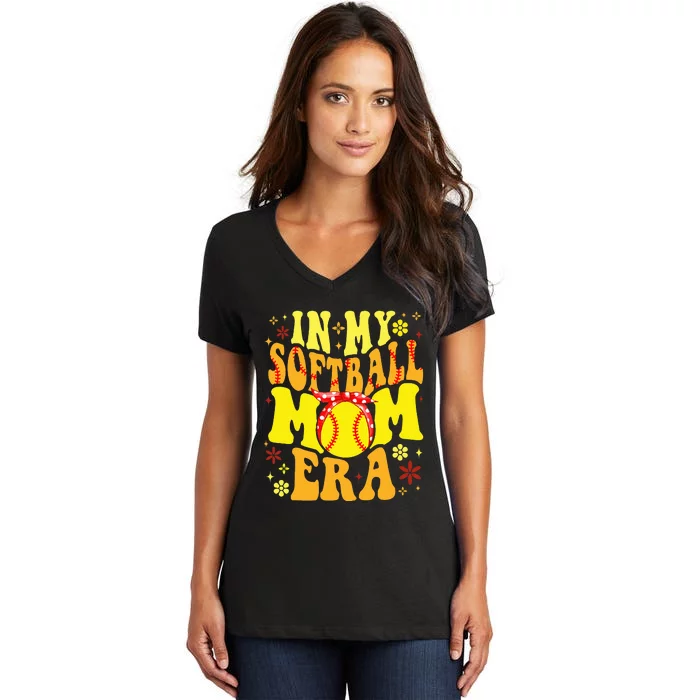 Retro Groovy In My Softball Mom Era Softball Mama Mom Life Women's V-Neck T-Shirt