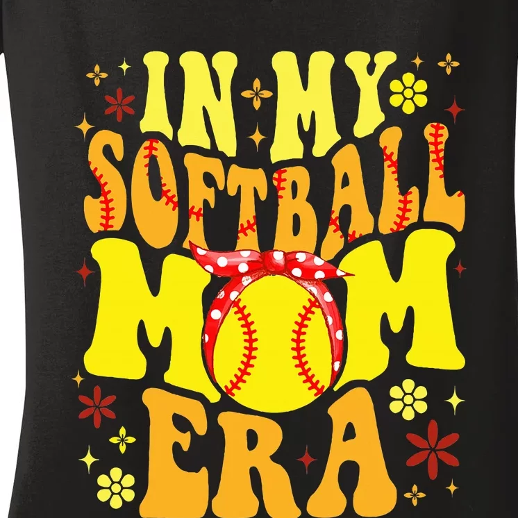 Retro Groovy In My Softball Mom Era Softball Mama Mom Life Women's V-Neck T-Shirt