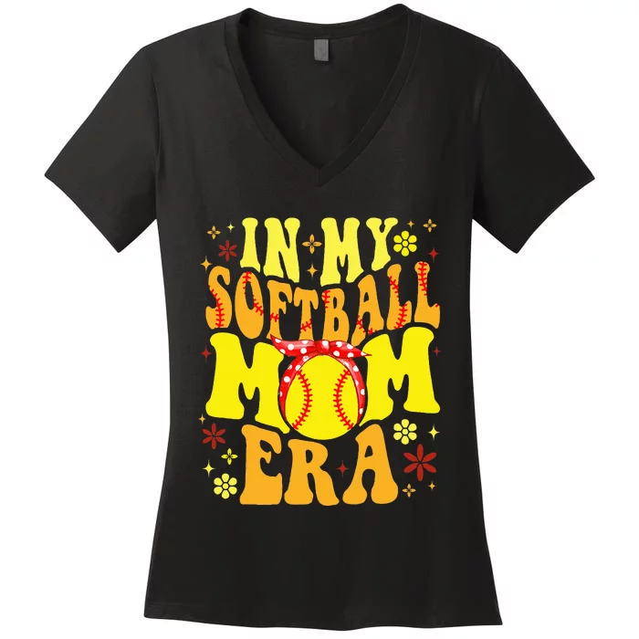 Retro Groovy In My Softball Mom Era Softball Mama Mom Life Women's V-Neck T-Shirt