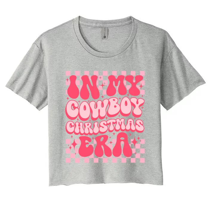 Retro Groovy In My Cow Christmas Era Pink Christmas Gift Women's Crop Top Tee