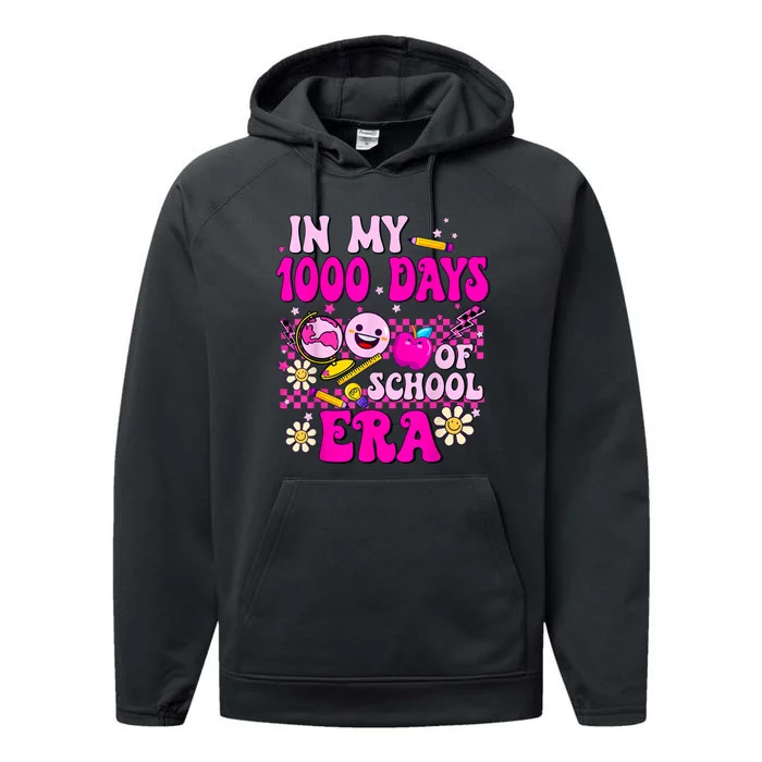 Retro Groovy In My 1000 Days Of School Era 1000 Days Smarter Performance Fleece Hoodie