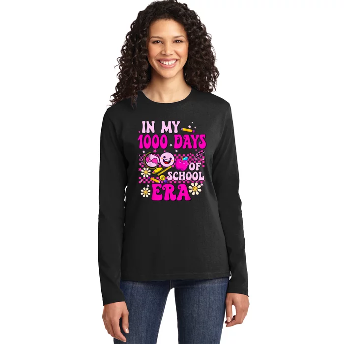 Retro Groovy In My 1000 Days Of School Era 1000 Days Smarter Ladies Long Sleeve Shirt