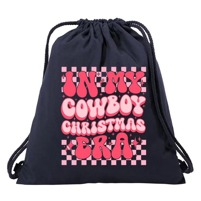 Retro Groovy In My Cow Christmas Era Pink Christmas Cute Gift Drawstring Bag