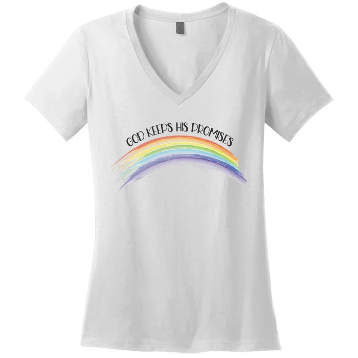 Rainbow God Keeps His Promises, Christian Religious Faith Women's V-Neck T-Shirt