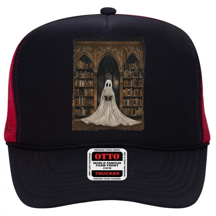 Reading Ghost Library Halloween Librarian Book Lovers High Crown Mesh Trucker Hat