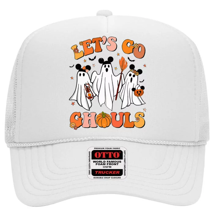 Retro Groovy Let's Go Ghouls Halloween Ghost Outfit Costumes High Crown Mesh Trucker Hat