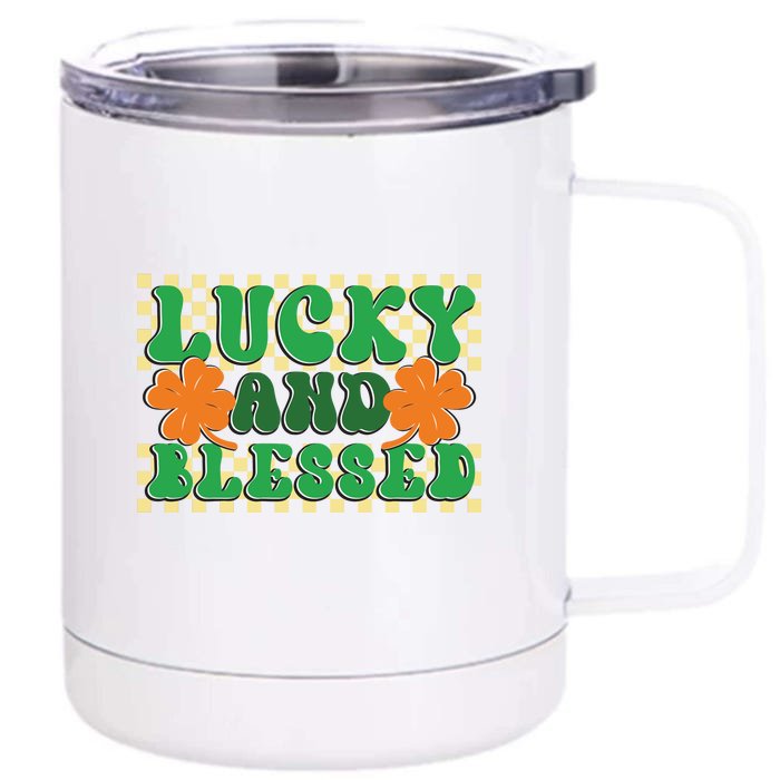 Retro Groovy Lucky Just Blessed Leopard Shamrock St Patrick Day Irish Front & Back 12oz Stainless Steel Tumbler Cup